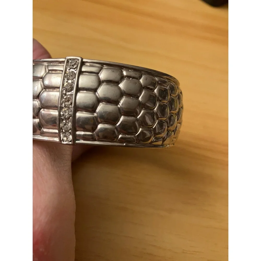Vintage Silver-Tone Hinged Bangle Bracelet with‎ Rhinestones